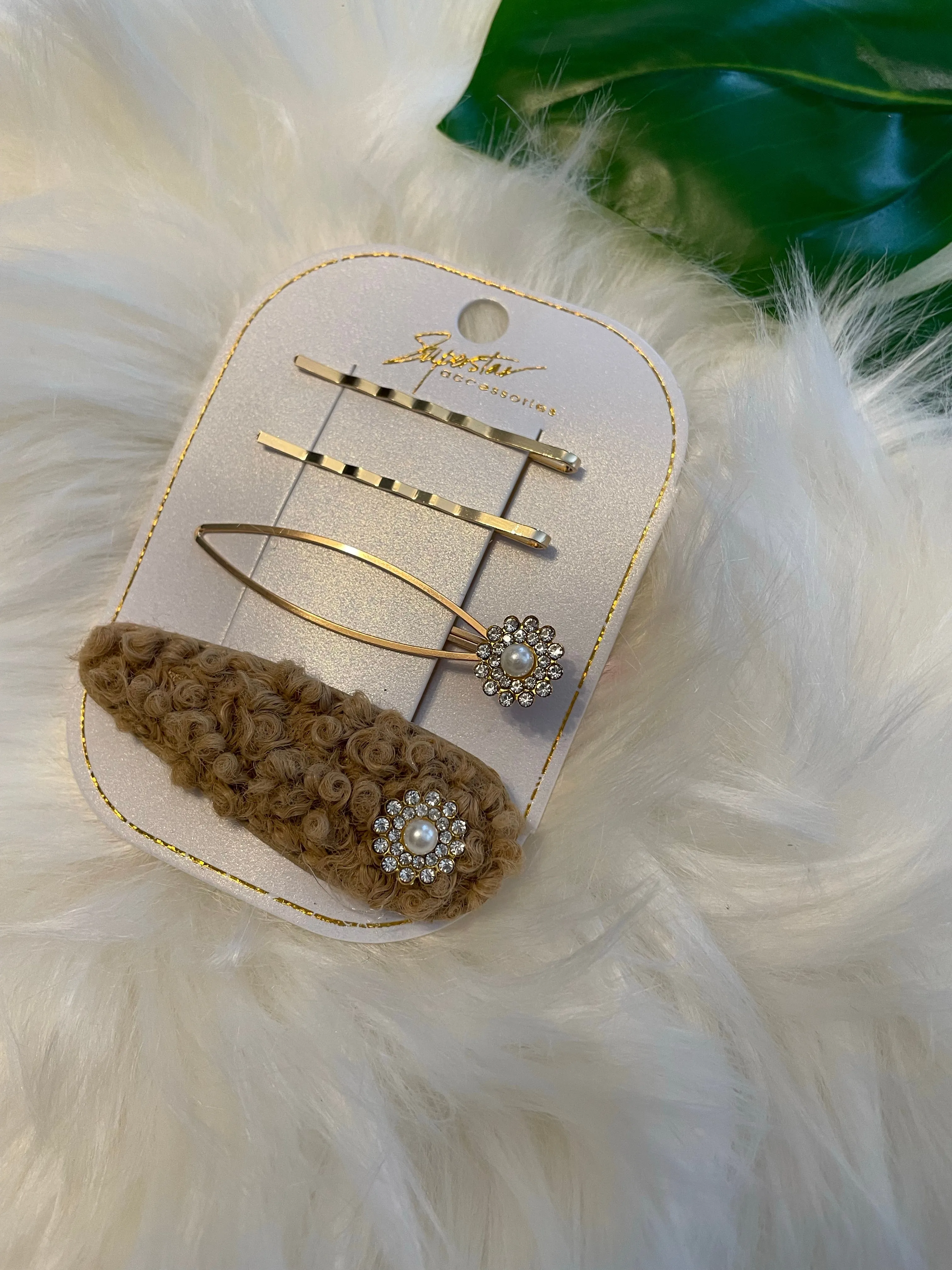 Pearl Flowers and Fur Hair Clips