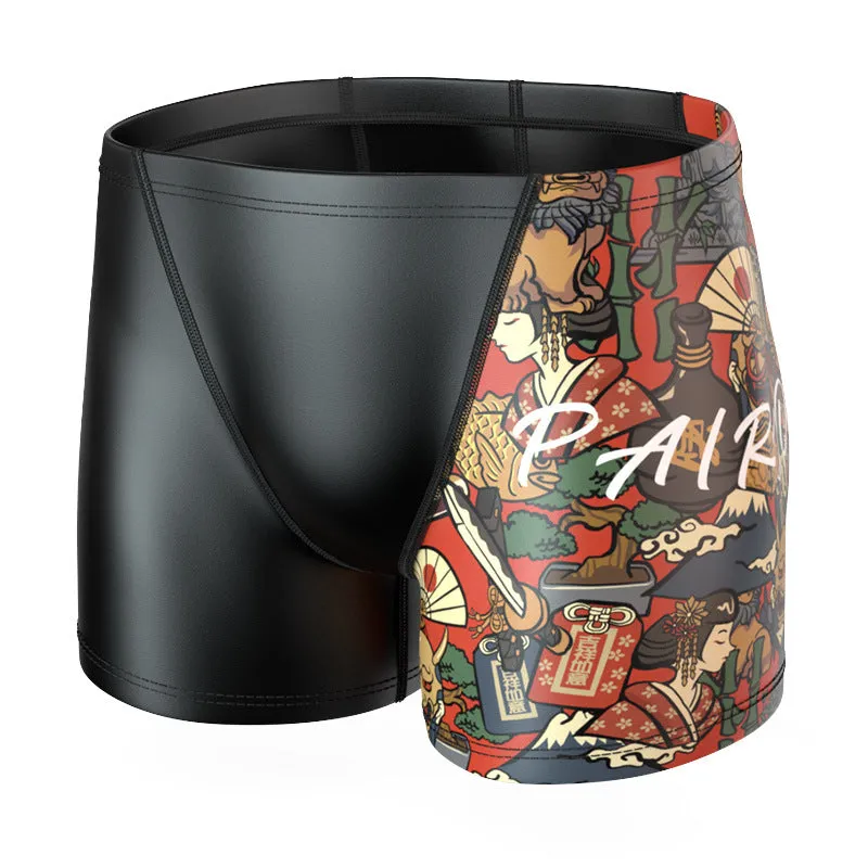 Plus Size & Quick-dry Men's Swimming Trunks with Japanese Geisha Pattern