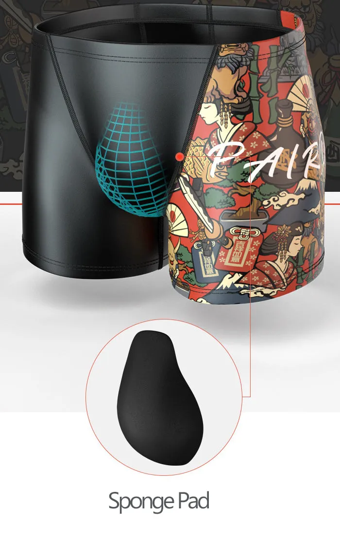Plus Size & Quick-dry Men's Swimming Trunks with Japanese Geisha Pattern