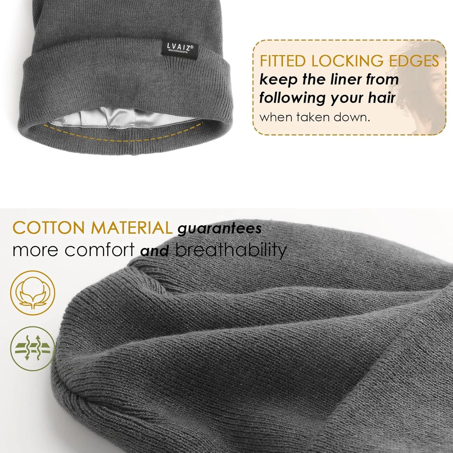 Satin Lined Winter Beanie Hats for Women Knitted Watch Hat with Silk Lining Unisex Solid Skull Cap