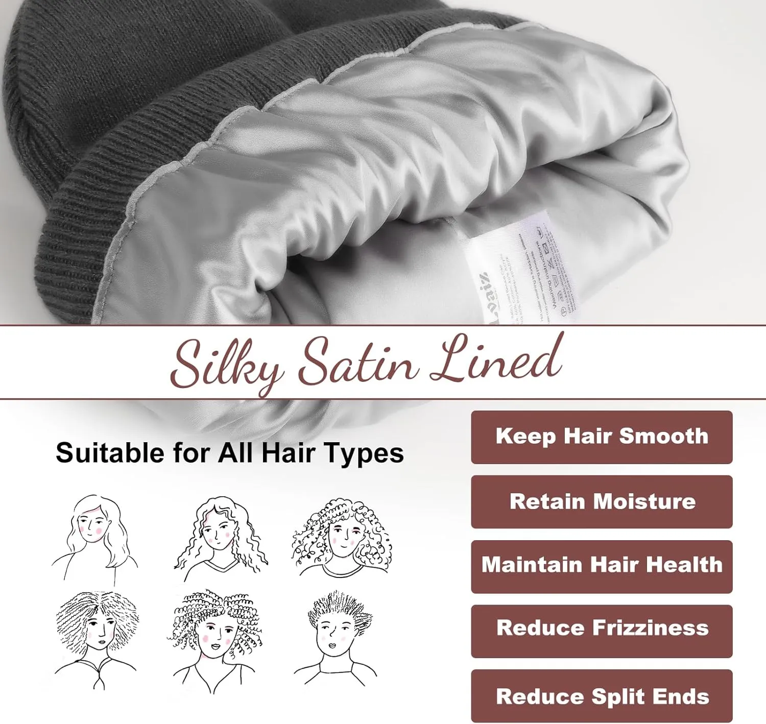 Satin Lined Winter Beanie Hats for Women Knitted Watch Hat with Silk Lining Unisex Solid Skull Cap