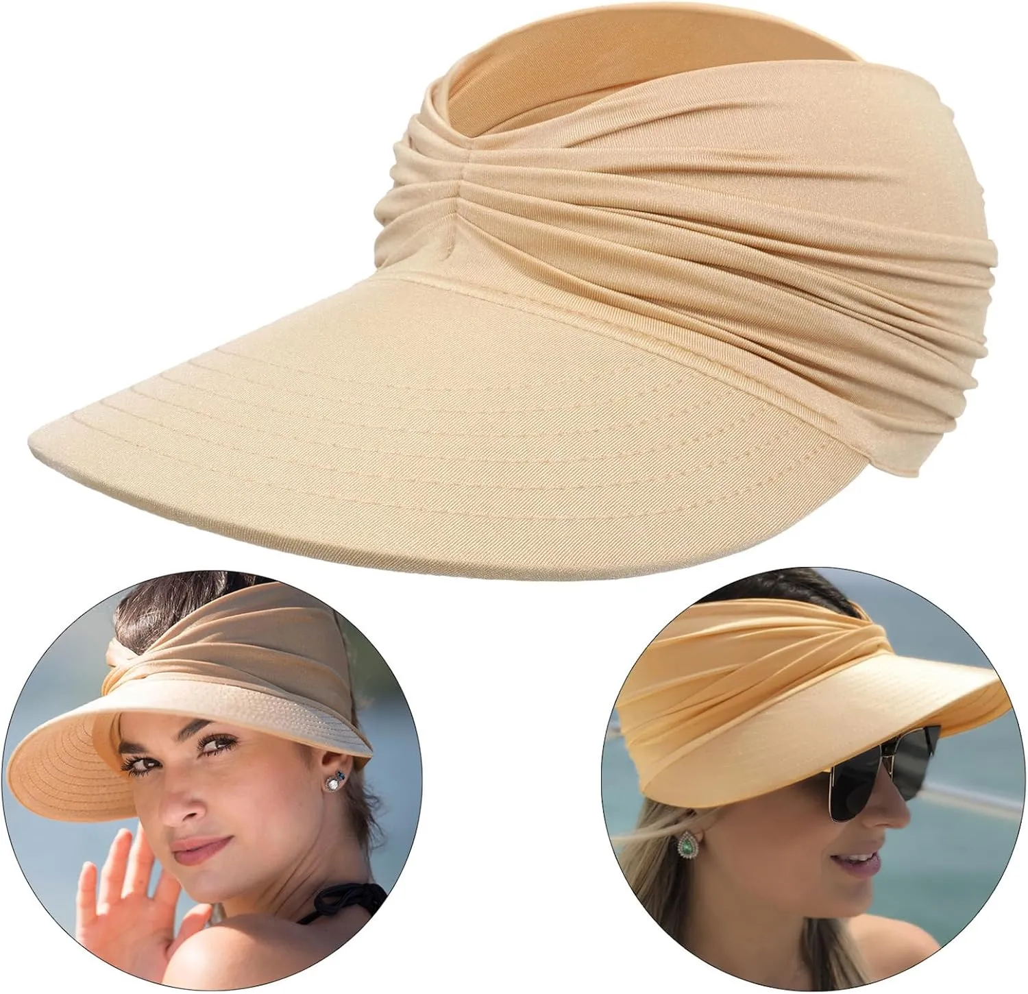 Sun Visor Hats for Women Beach Hat Packable Wide Brim UV Protection with Ponytail Hole Summer Sunhat for Sports