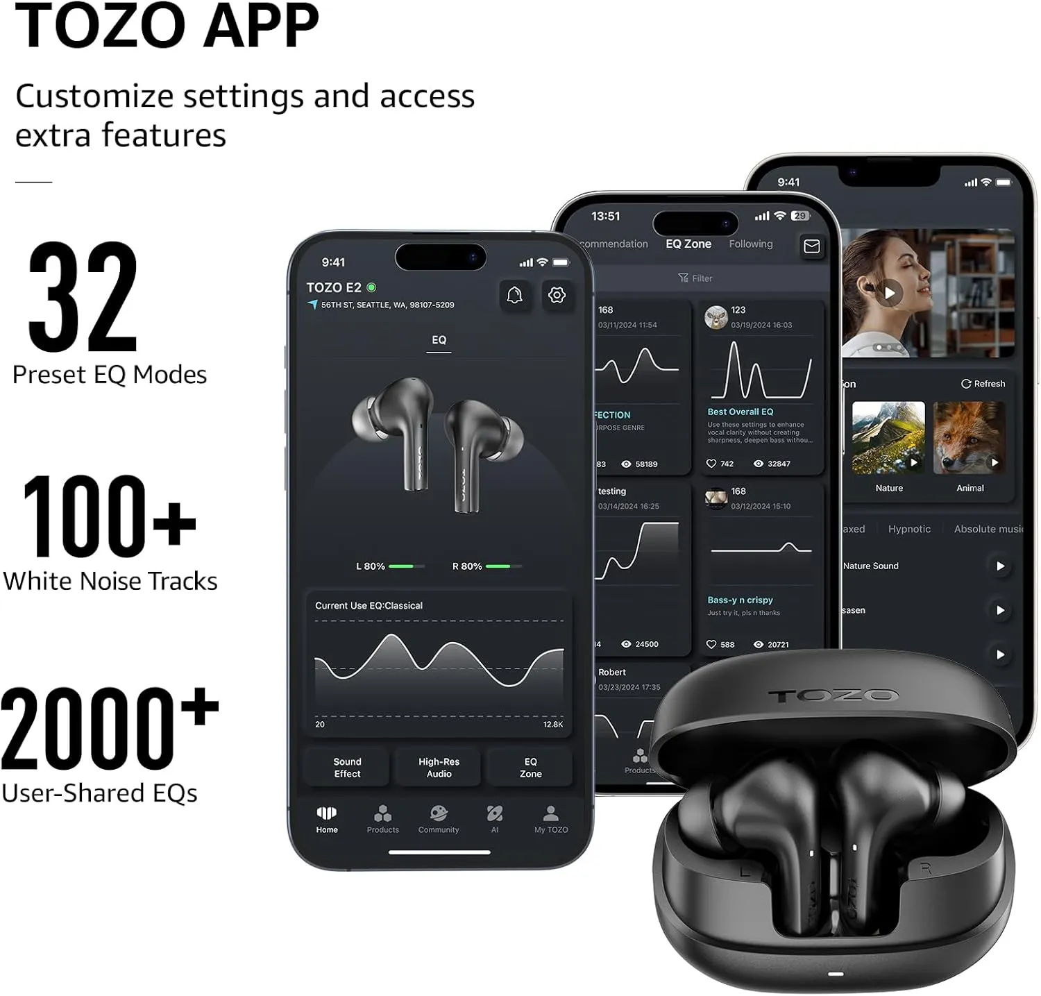 TOZO E2 Wireless Earbuds 10mm Drivers with Powerful Bass, App Customize 32 EQs, with 2 Mics AI Call Noise Cancellation, 30H Playtime, Bluetooth 5.3 Ear Buds, Comfort Fit in-Ear Headphones