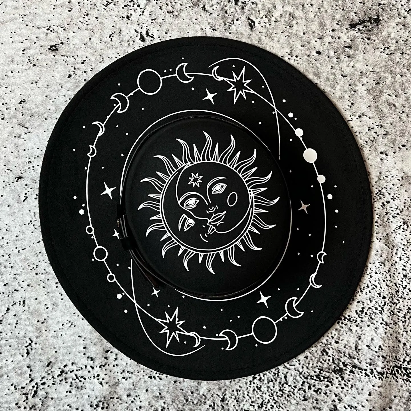 Vegan Felt Wide Brim Hat - Flat Top XL Brim - "Celestial Sun/Moon"