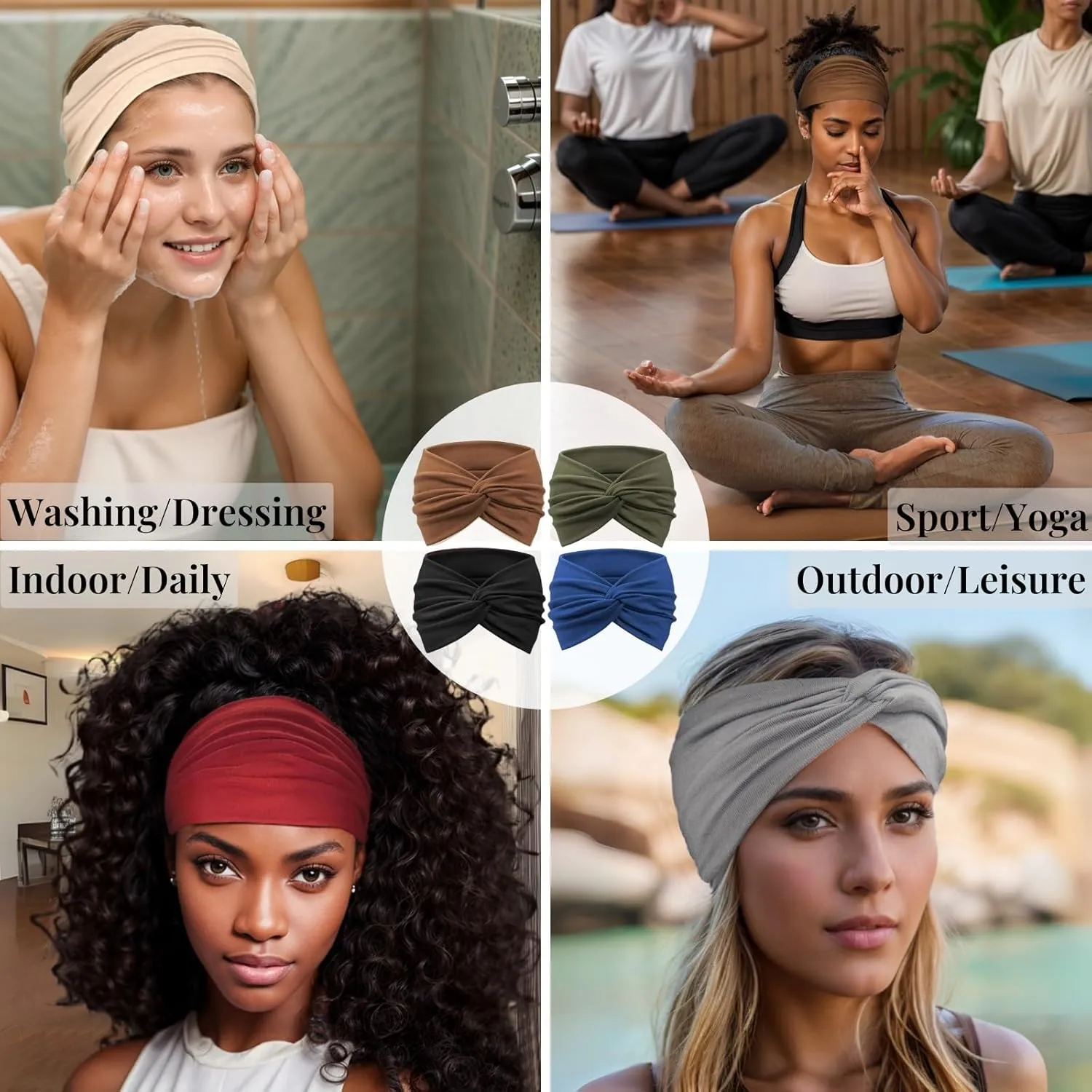 Wide Headbands for Women Yoga Running Sports Headhand Bandana Boho Non Slip Sweat Head Bands Accessories 4 Pack