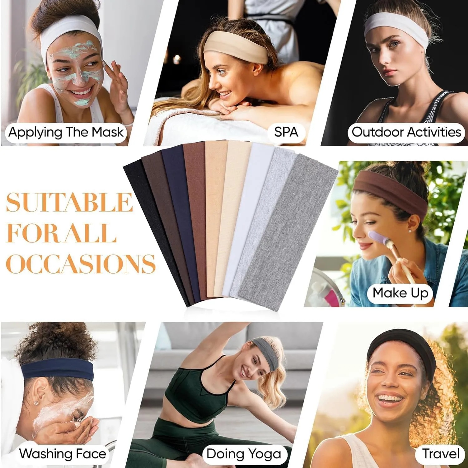 Wisecy Headbands for Women Non Slip - 9PCS Elastic Fabric Hair Band for Women's Hair, Soft Cotton Cloth Stretchy Sweat Headbands for Women for Yoga Workout Running