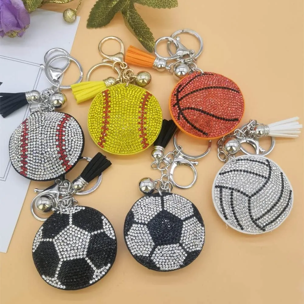 WJR Sparkling Sport Ball Keychain Rhinestone Baseball Football Key Ring Shining Gift for Sport Lover Purse Bag Accessories