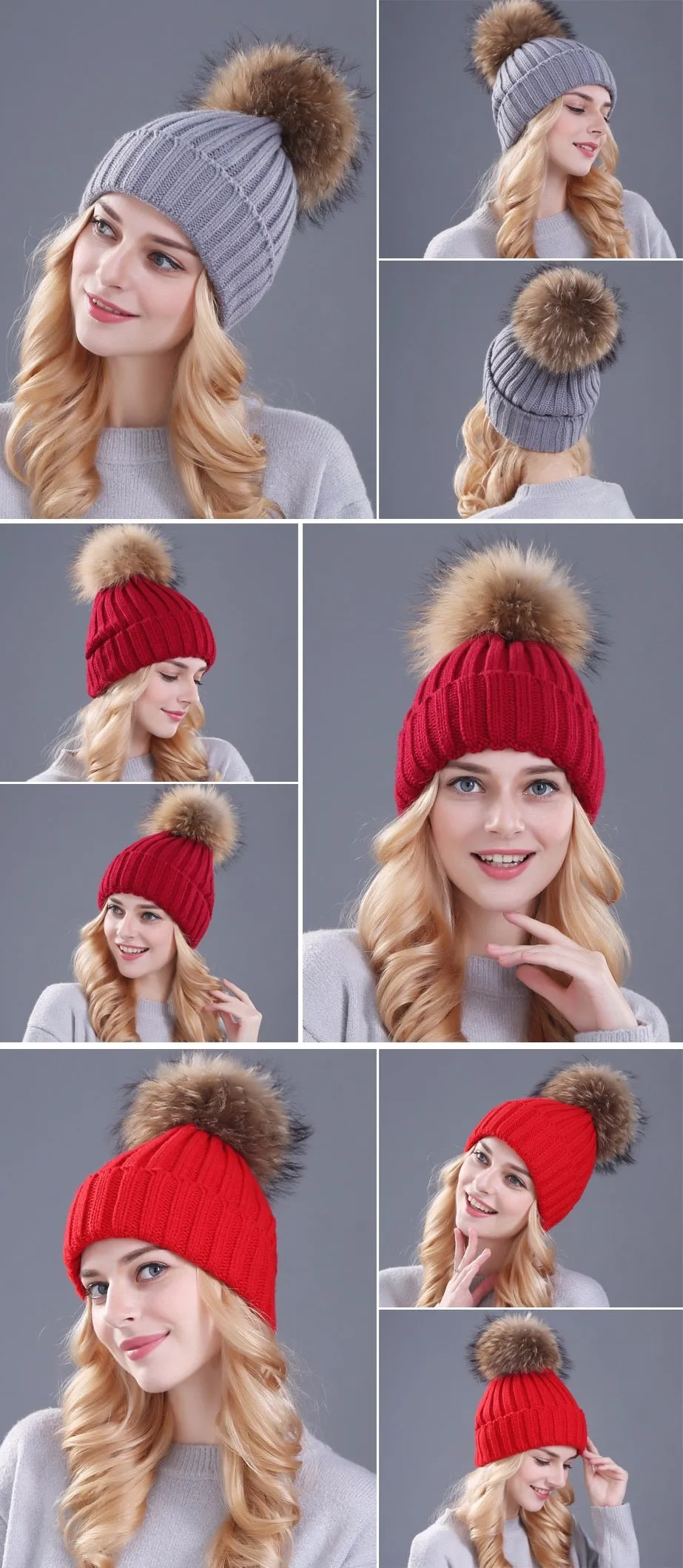 Women's fox fur ball cap pom poms winter hat knitted beanies cap