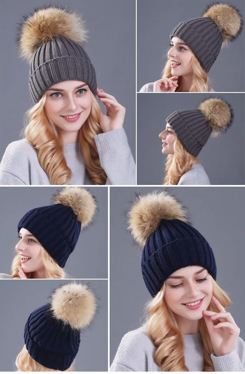 Women's fox fur ball cap pom poms winter hat knitted beanies cap