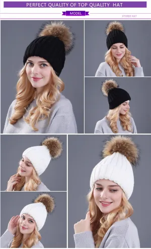 Women's fox fur ball cap pom poms winter hat knitted beanies cap
