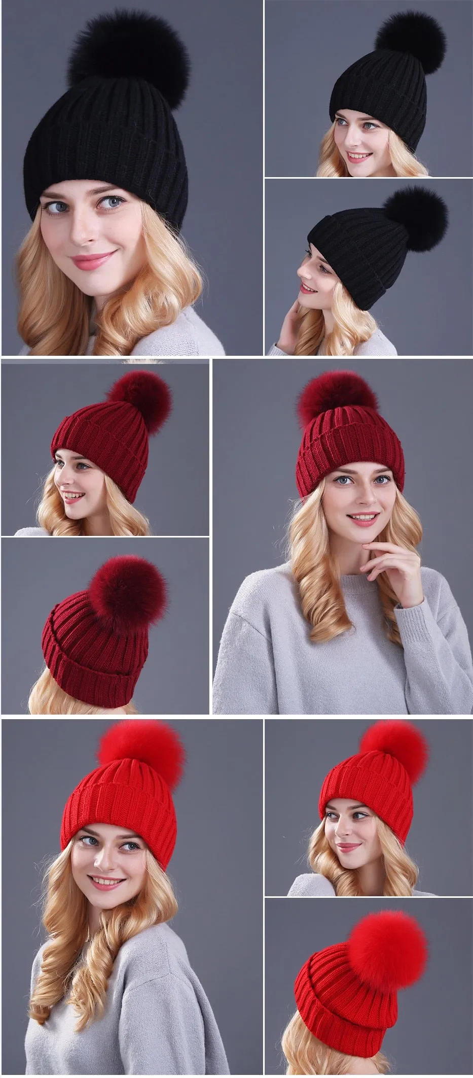 Women's fox fur ball cap pom poms winter hat knitted beanies cap