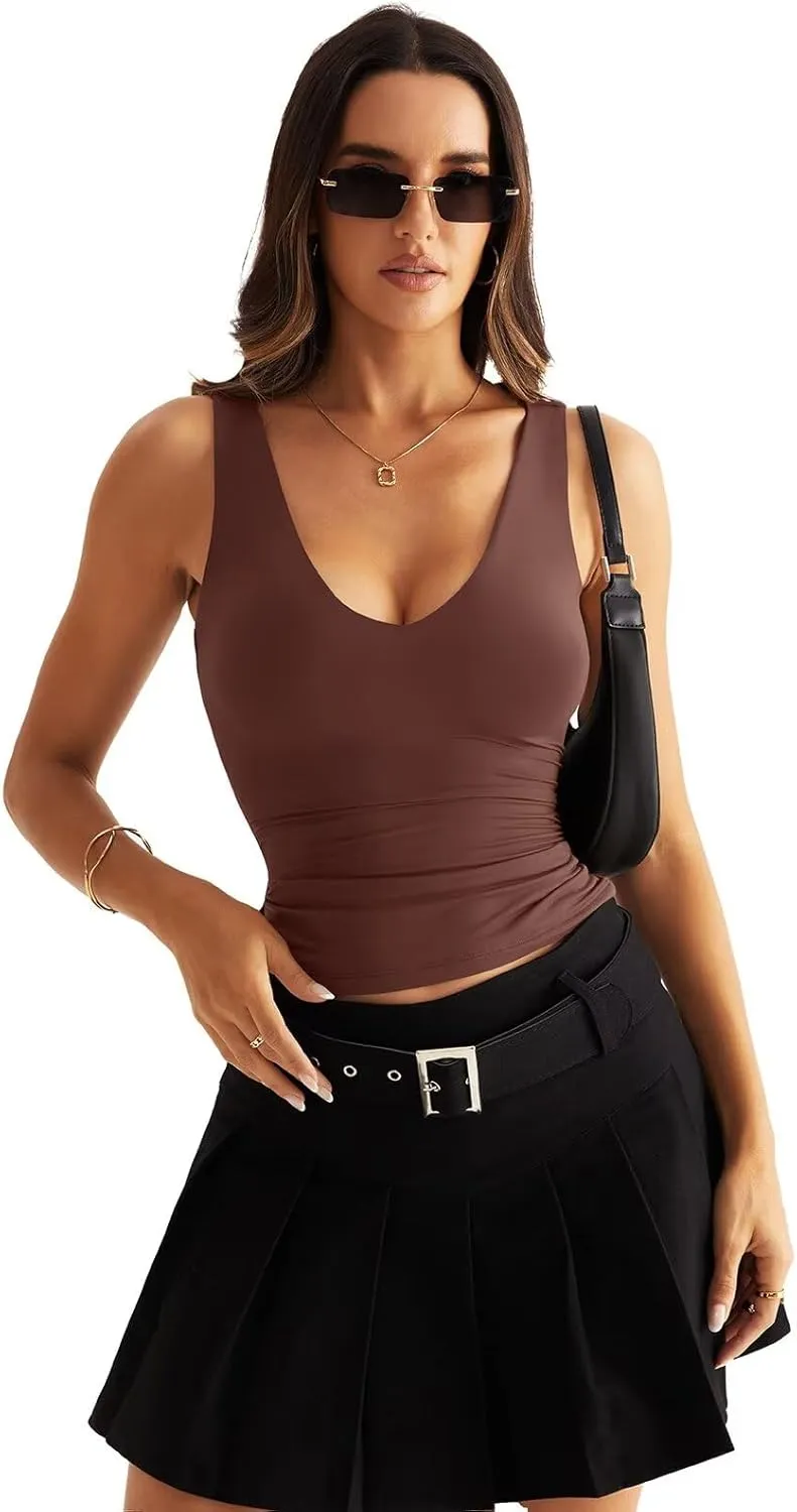 Womens V Neck Tank Tops Sleeveless Double Lined Basic Tops Slim Fit Summer Shirts 2025