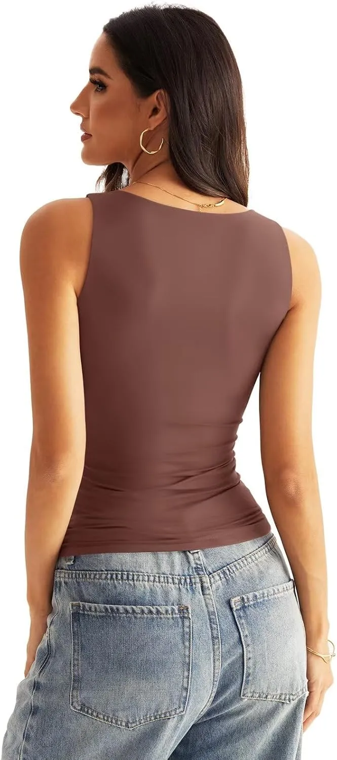 Womens V Neck Tank Tops Sleeveless Double Lined Basic Tops Slim Fit Summer Shirts 2025