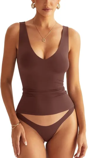 Womens V Neck Tank Tops Sleeveless Double Lined Basic Tops Slim Fit Summer Shirts 2025