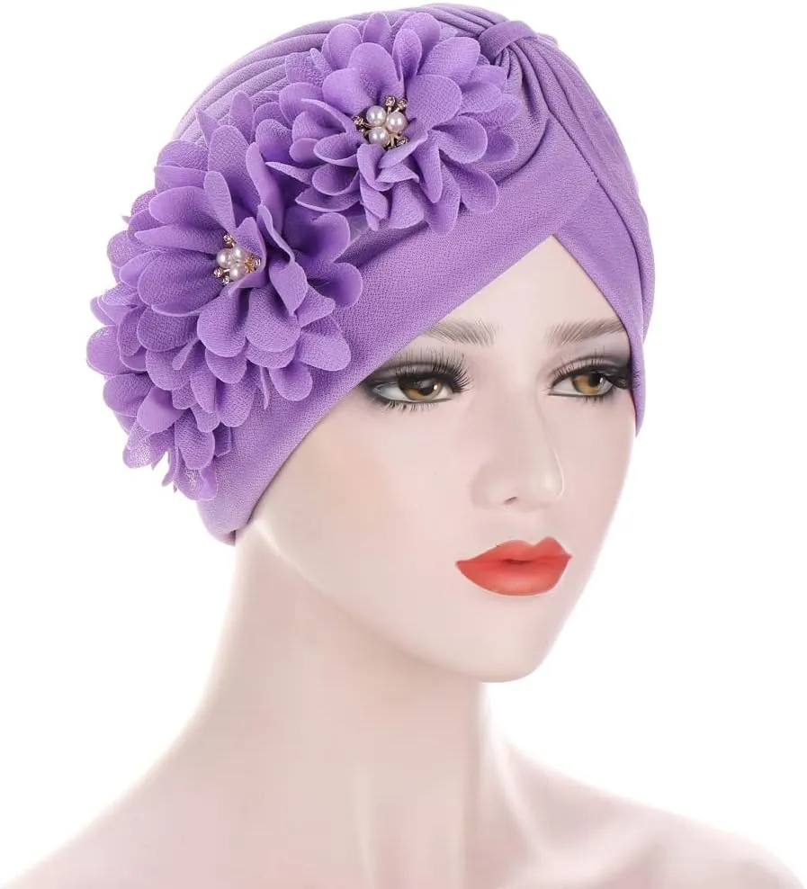 YYAOJHAO Women Flower Turban Hats - Ruffle Pre Tied Headwrap Caps Chemo Beanies Hijab Headscarf for Cancer Patient Hair Loss